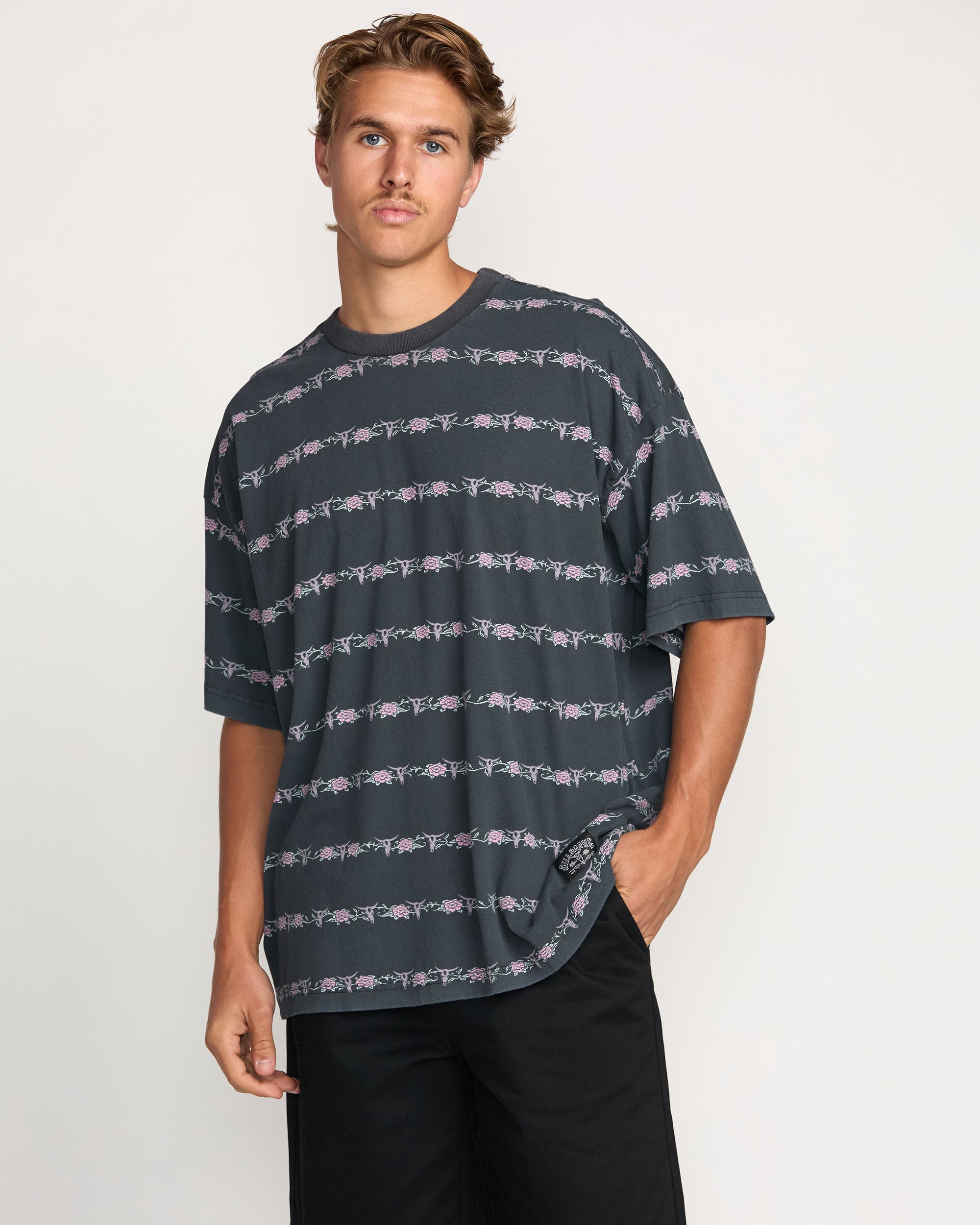 Raging Bull Striped T-Shirt in Washed Black